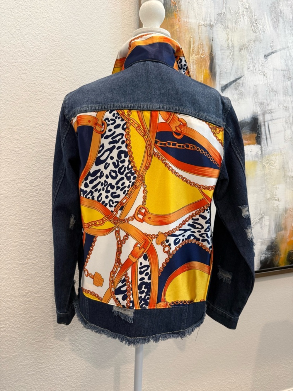 Denim Jacket with Bold Scarf-Print Back - Yellow & Navy Accents, Small NWT
